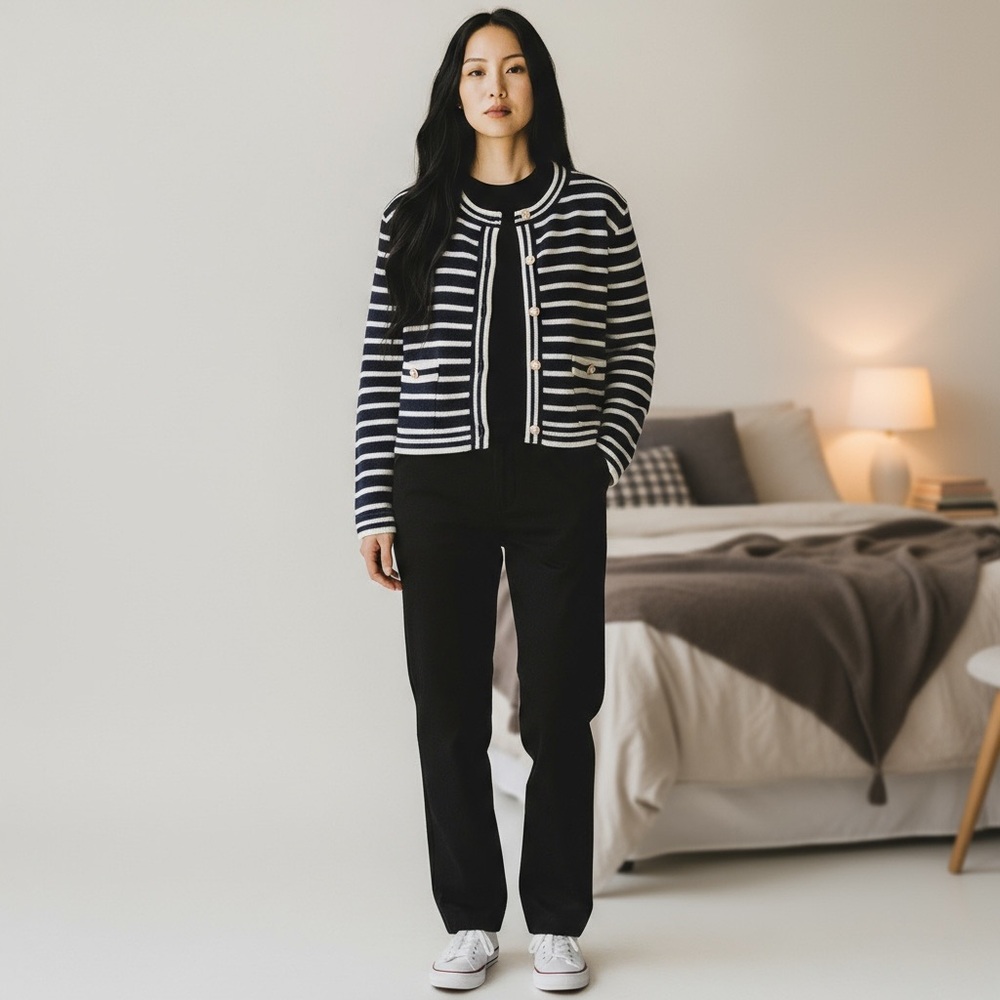 Sioni Navy and Cream Striped Knitted Nautical Casual Jacket Cardigan Size L - Picture 1 of 9